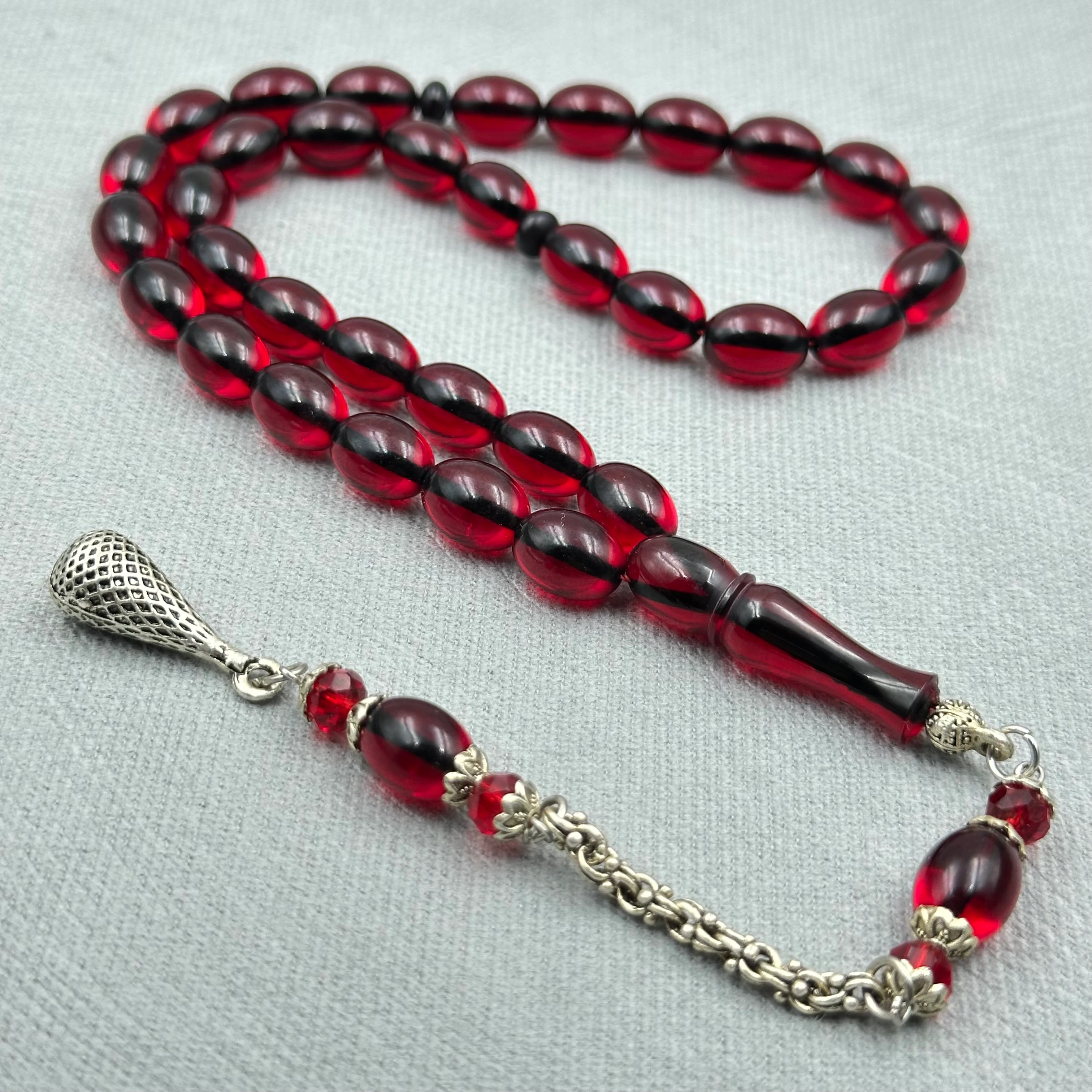 Alpaka Püsküllü Buğulu Hamur Kırmızı Ateş Kehribar Tespih